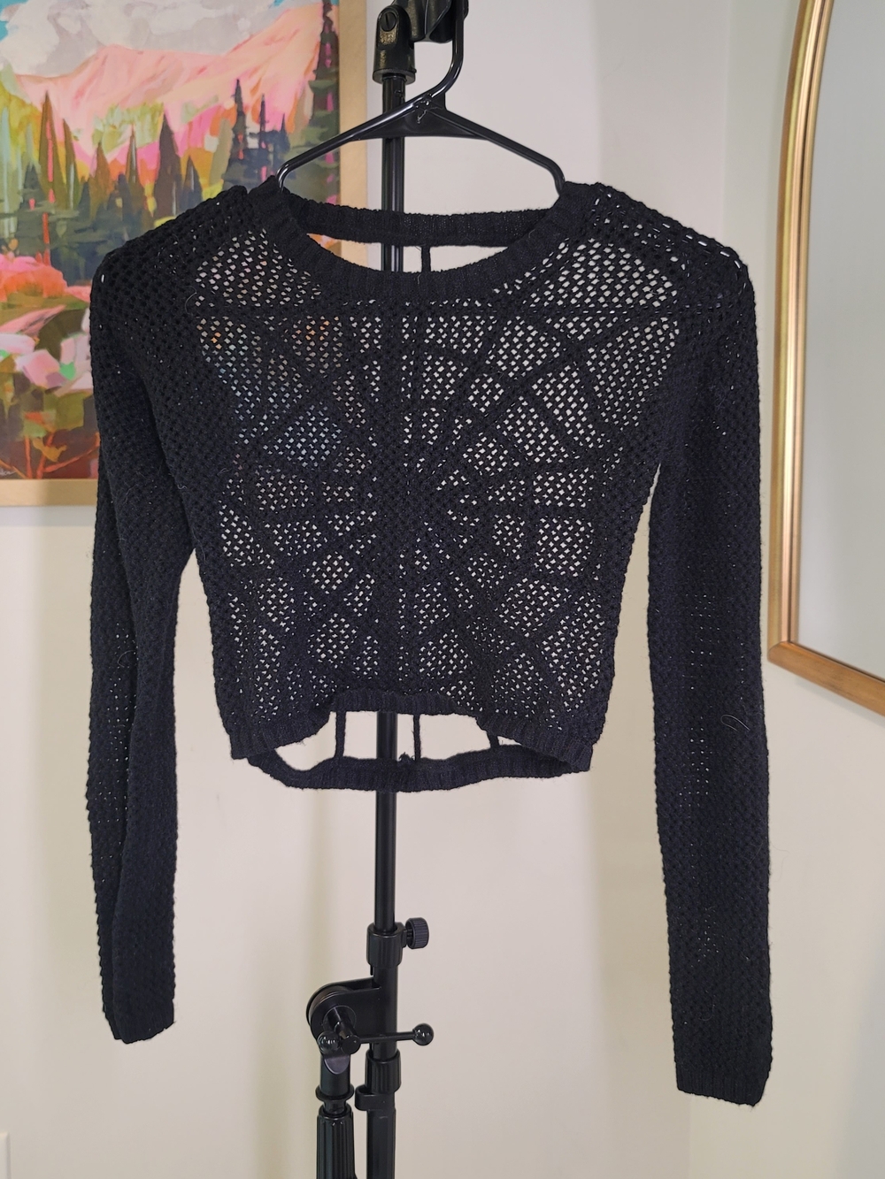 Punk Spider Web Crochet Cropped Top Scoop Neck Sweater Black 2000s - Picture 1 of 10